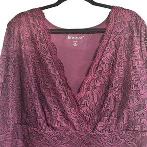 Roaman’s Lace Surplice 3/4Sleeve Stretchy Top XXL (26-28)